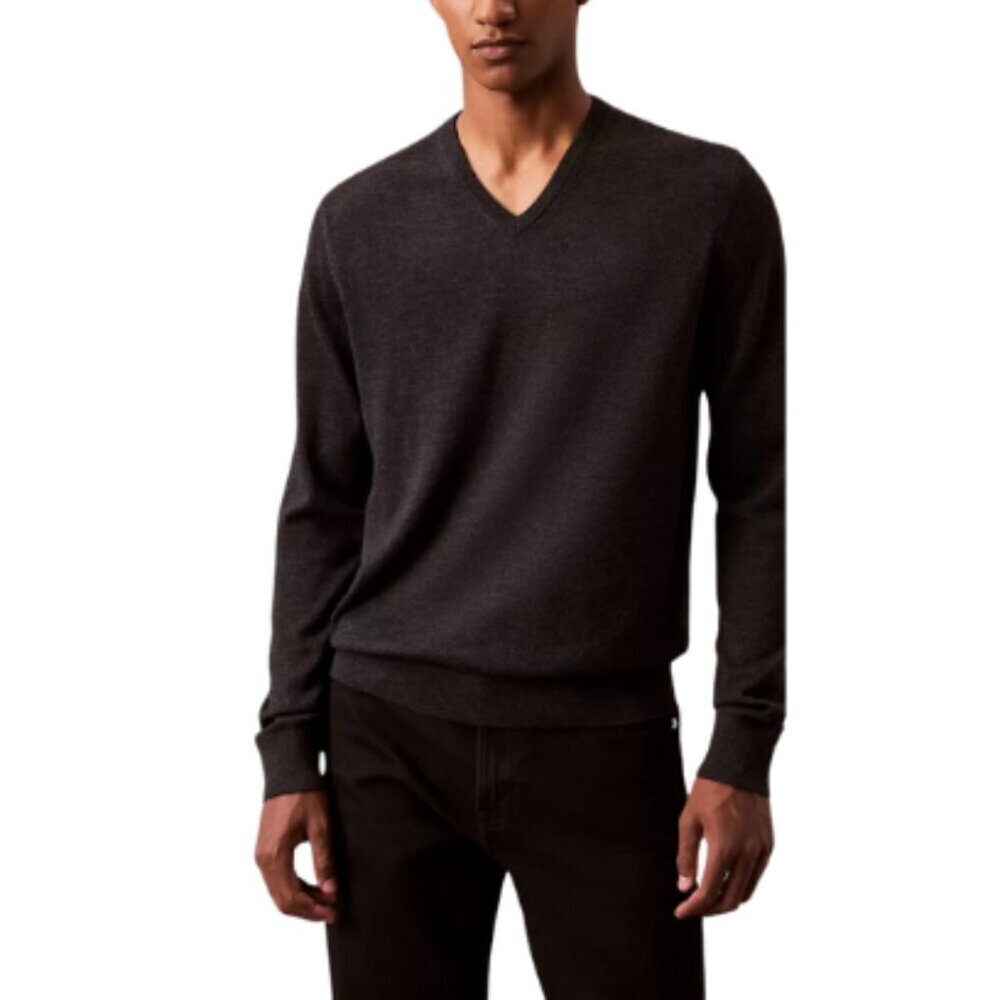 Calvin Klein Mens Large Extra Fine Merino Wool Vneck Sweater In Grey Color